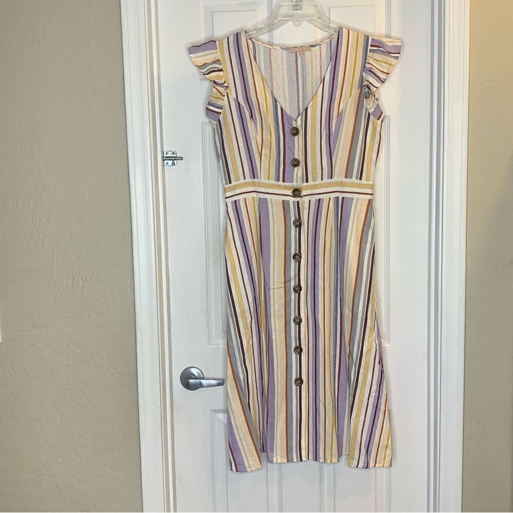 Evolutionary Linen Dress Striped Ruffle Size Large - Picture 8 of 10